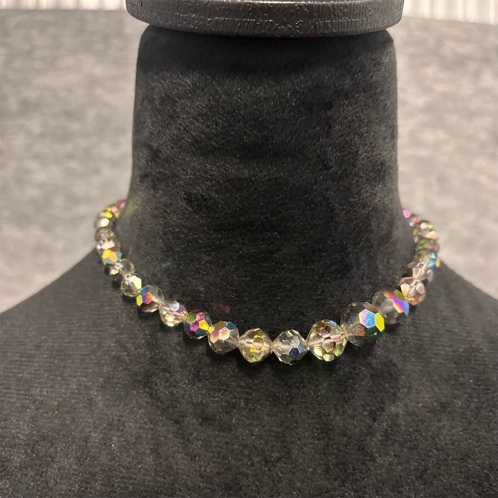 Vintage Aurora Borealis Necklace Choker Faceted Crystal Bead Rainbow AB